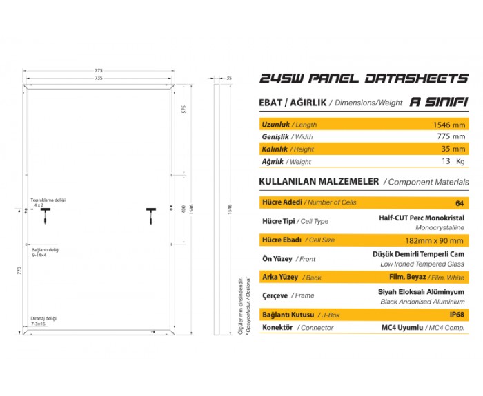 GSE245 GAZİOĞLU HALFCUT MONOPOWER FOTOVOLTAİK GÜNEŞ PANELİ (A class)