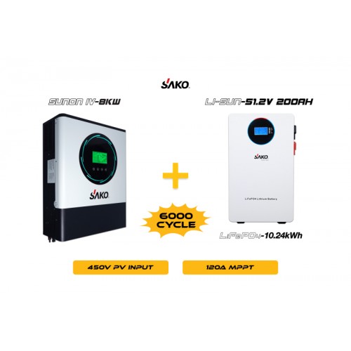 Sako Sunon-IV 8KW Inverter + Li-sun 51.2V 200Ah Lityum Akü Off-Grid Hibrit Paketi Sako Sunon-IV 8KW Inverter + Li-sun 51.2V 200Ah Lityum Akü Off-Grid Hibrit Paketi