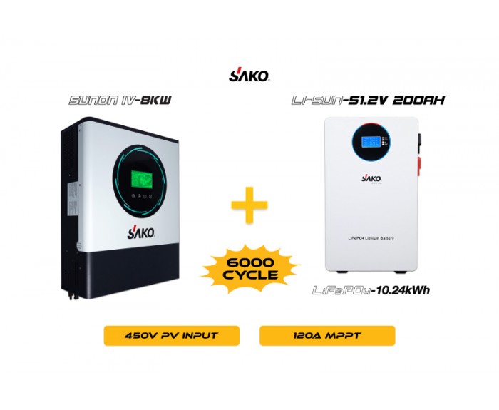 Sako Sunon-IV 8KW Inverter + Li-sun 51.2V 200Ah Lityum Akü Off-Grid Hibrit Paketi